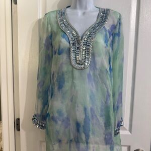 Adrienne Vittadini Blue and Green Tunic with Silver Accents